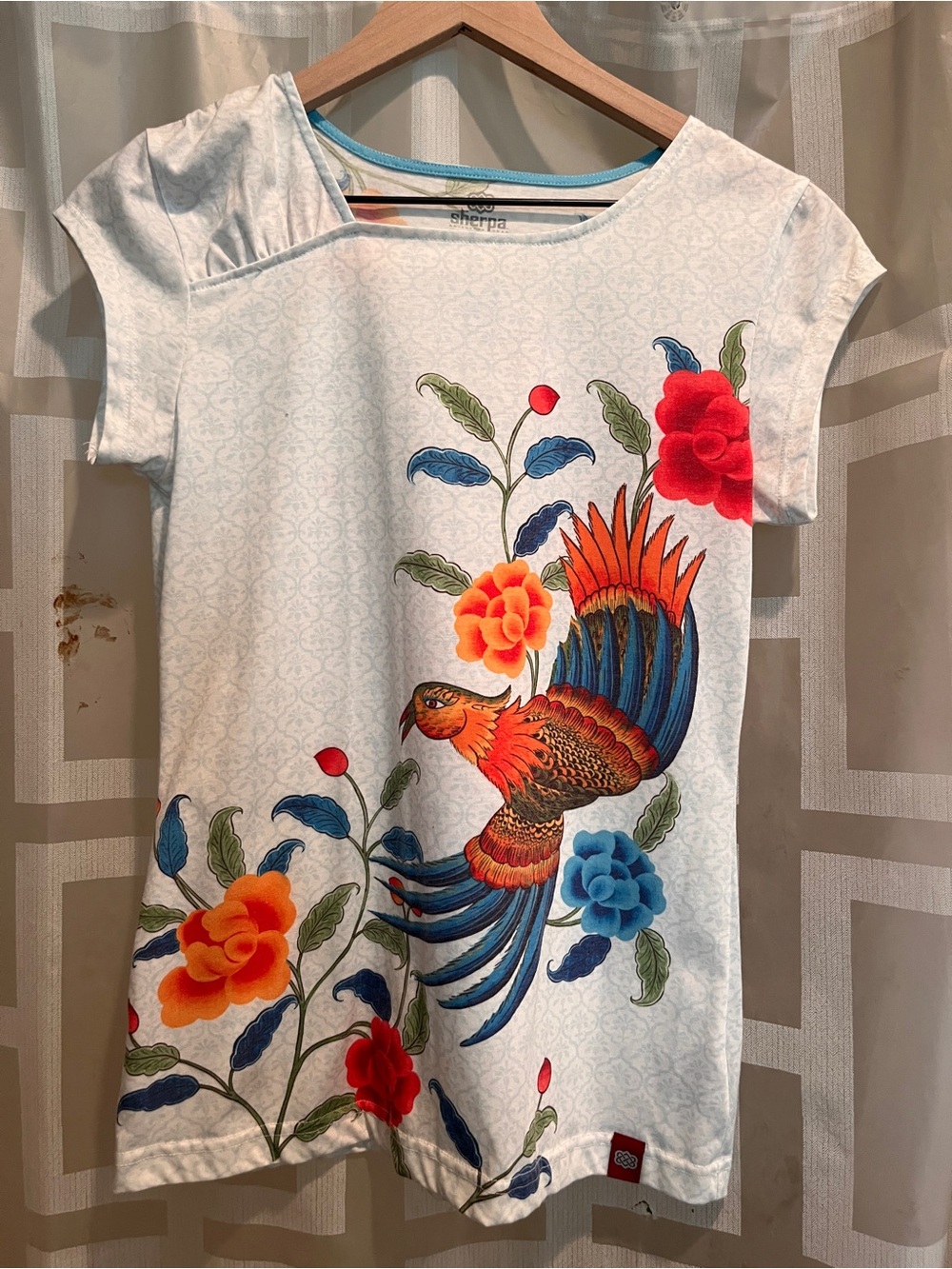 Sherpa White Short Sleeve Tee with Colorful Bird & Floral Print